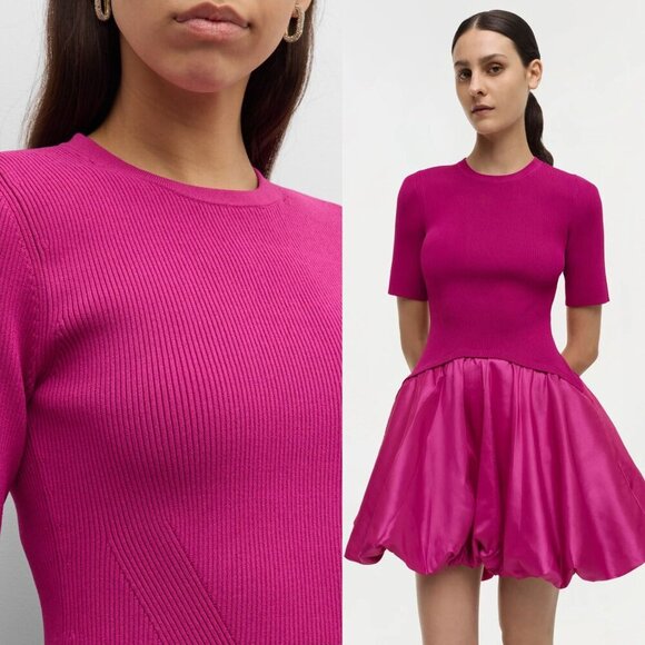 Jonathan Simkhai Kenny Magenta Pink Bubble Hem Knit‎ Taffeta Mini Dress Size M - Picture 10 of 12